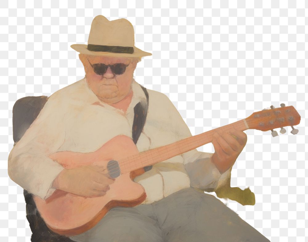 PNG Chubby old man playing guitar painting art musician. 