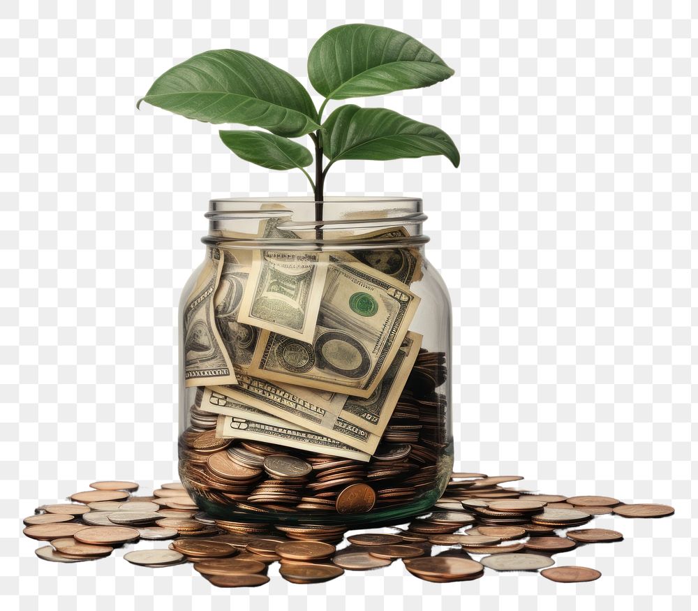 PNG A glass jar filled with coins and a plant money herb achievement
