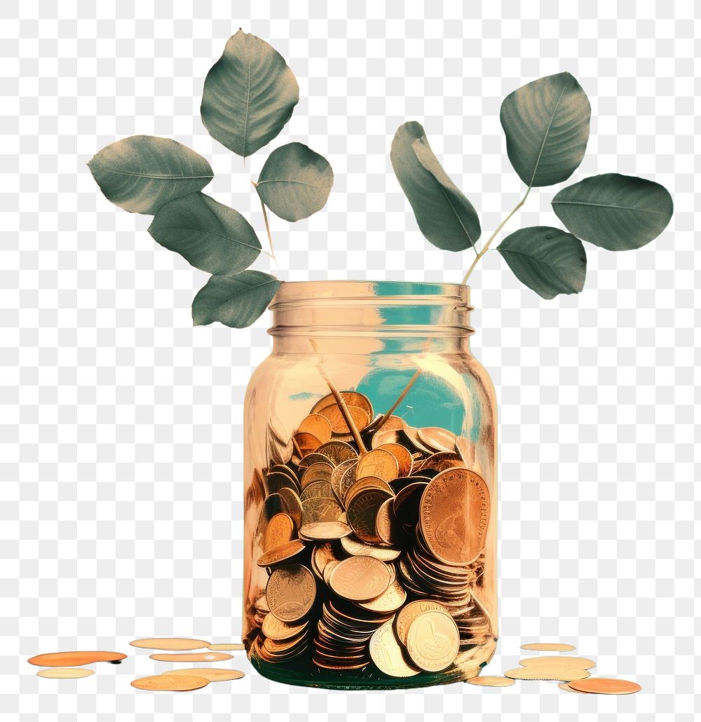 PNG A glass jar filled with coins and a plant investment container currency. AI generated Image by rawpixel.