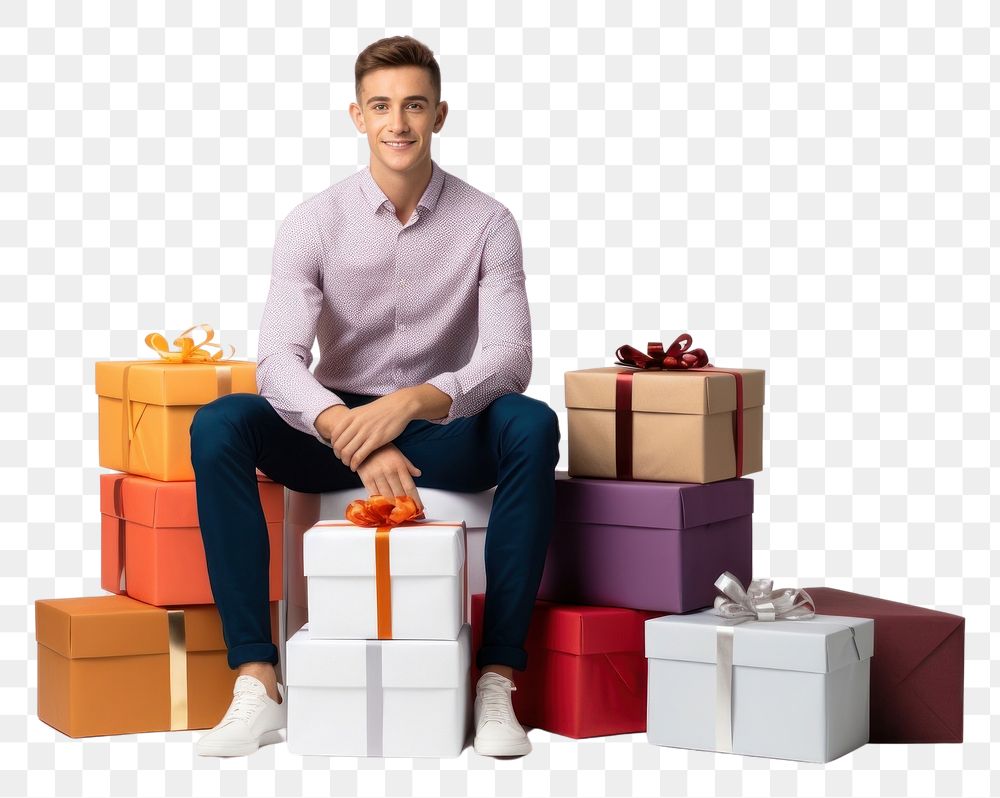 PNG Stacking gift boxes sitting adult man. AI generated Image by rawpixel.