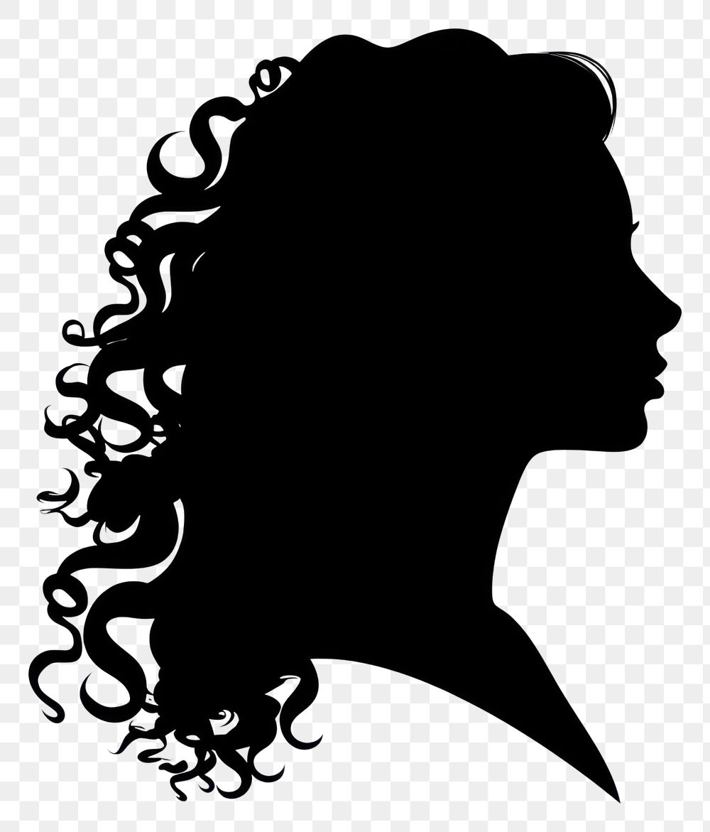 PNG Girl head with long curly hair silhouette black white. AI generated Image by rawpixel.