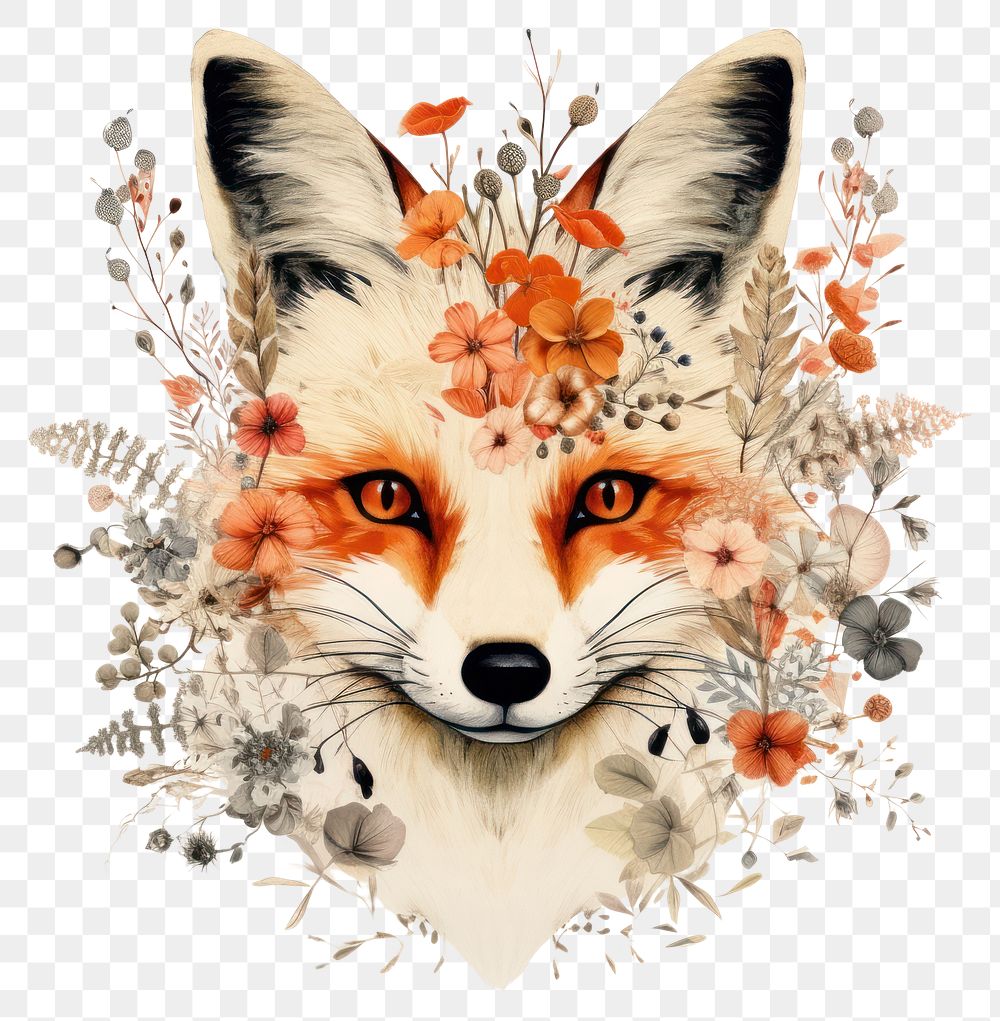 PNG Fox with flower face drawing pattern animal. AI generated Image by rawpixel.
