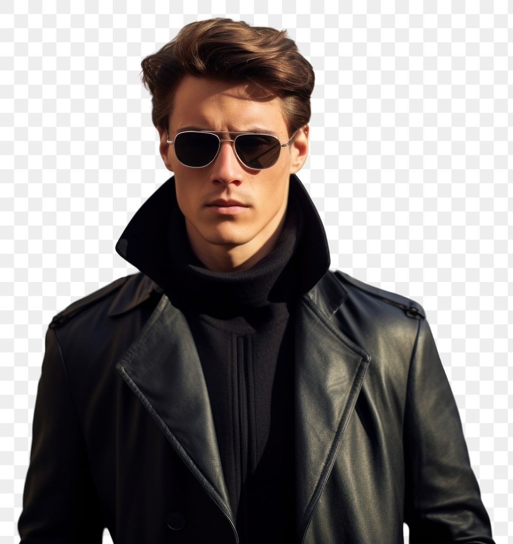 PNG Young elegant man in long jacket sunglasses portrait outdoors. AI generated Image by rawpixel.
