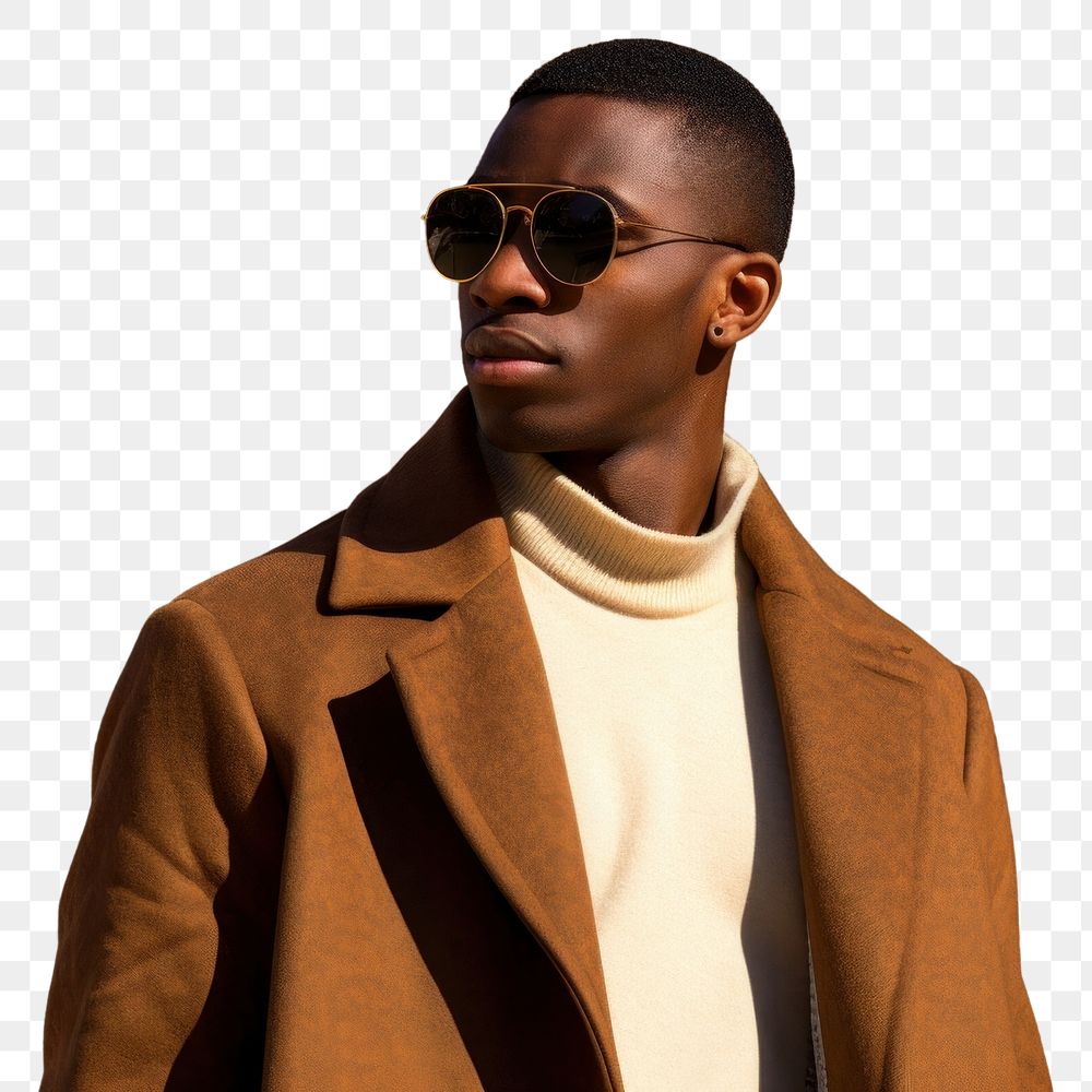 PNG Young elegant african man in long jacket sunglasses portrait adult. AI generated Image by rawpixel.