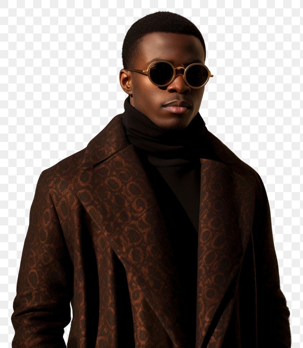 PNG Young elegant african man in long jacket sunglasses portrait outdoors. AI generated Image by rawpixel.