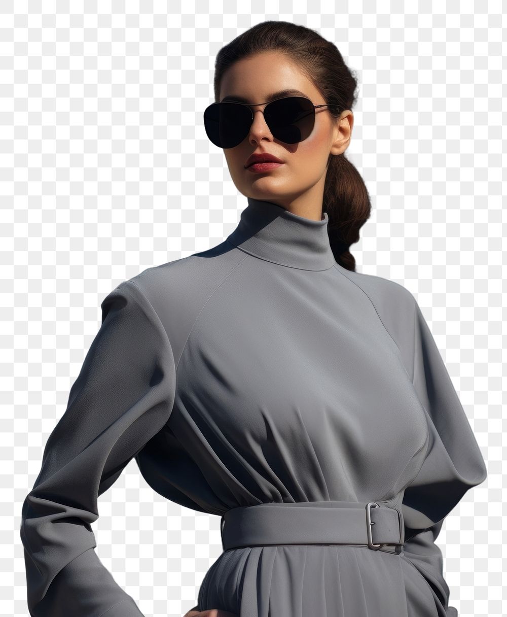 PNG Young elegant woman in grey costume sunglasses fashion outdoors. AI generated Image by rawpixel.