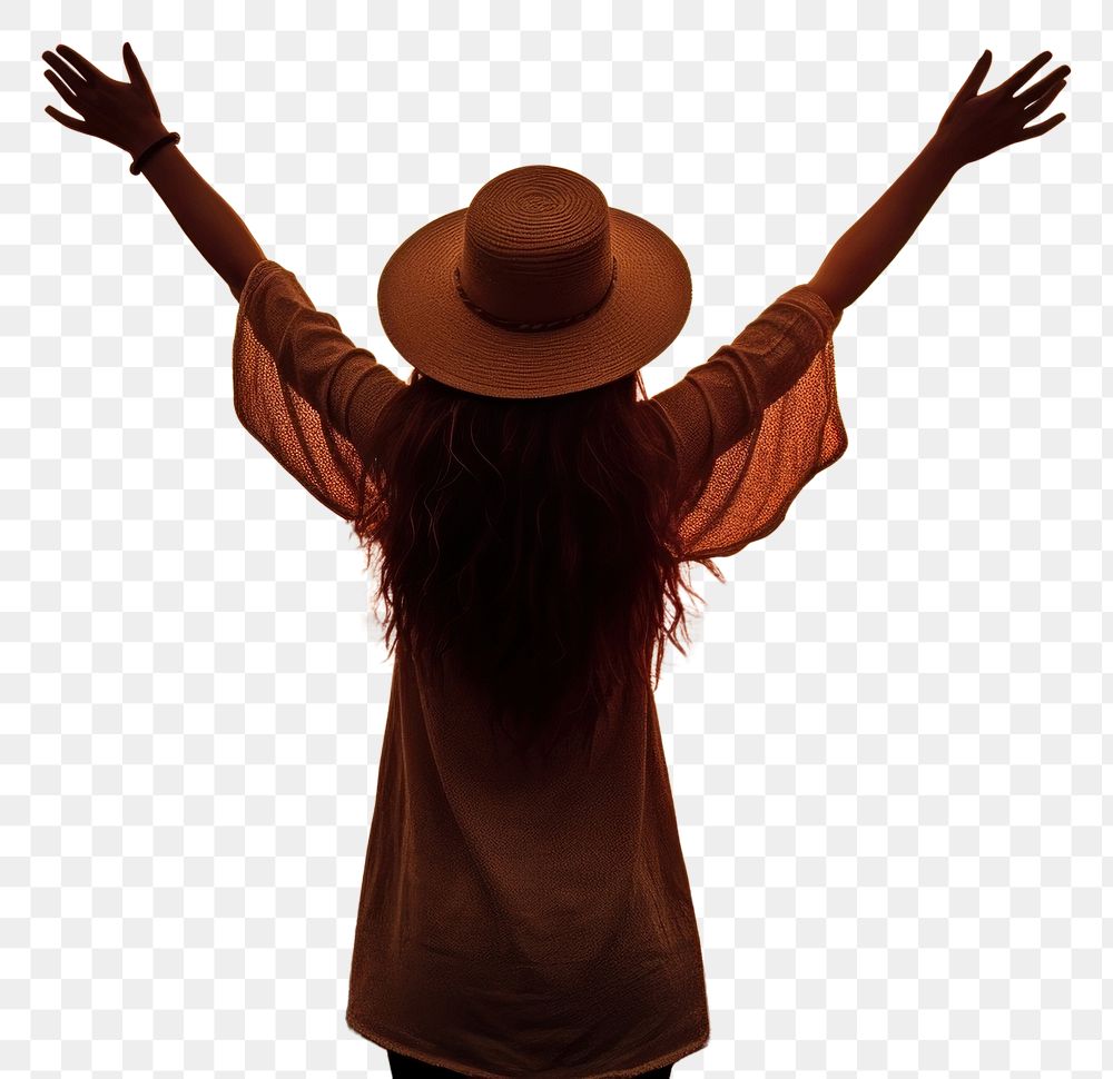 PNG Happy woman weating a hat with arms up enjoy freedom at the beach at sunset adult happy tranquility. AI generated Image…
