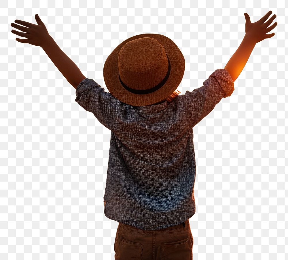 PNG Happy boy wearing a hat with arms up enjoy freedom at the beach at sunset happy tranquility silhouette. AI generated…