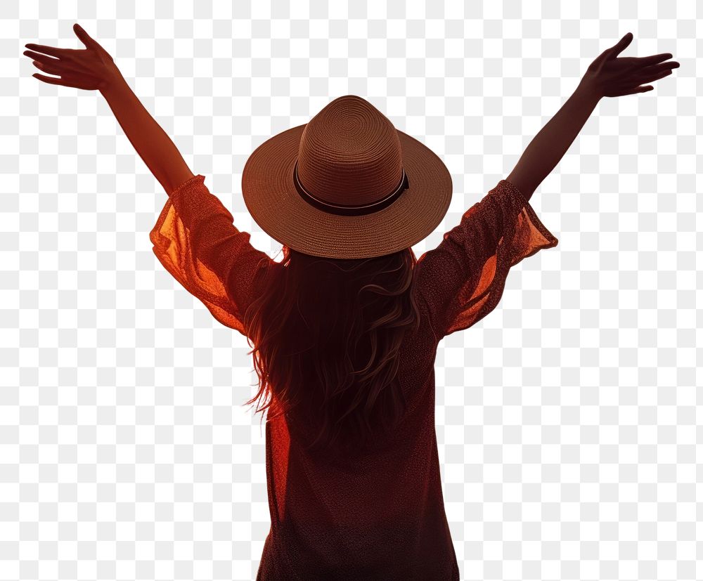 PNG Happy girl wearing a hat with arms up enjoy freedom at the beach at sunset adult happy tranquility. AI generated Image…