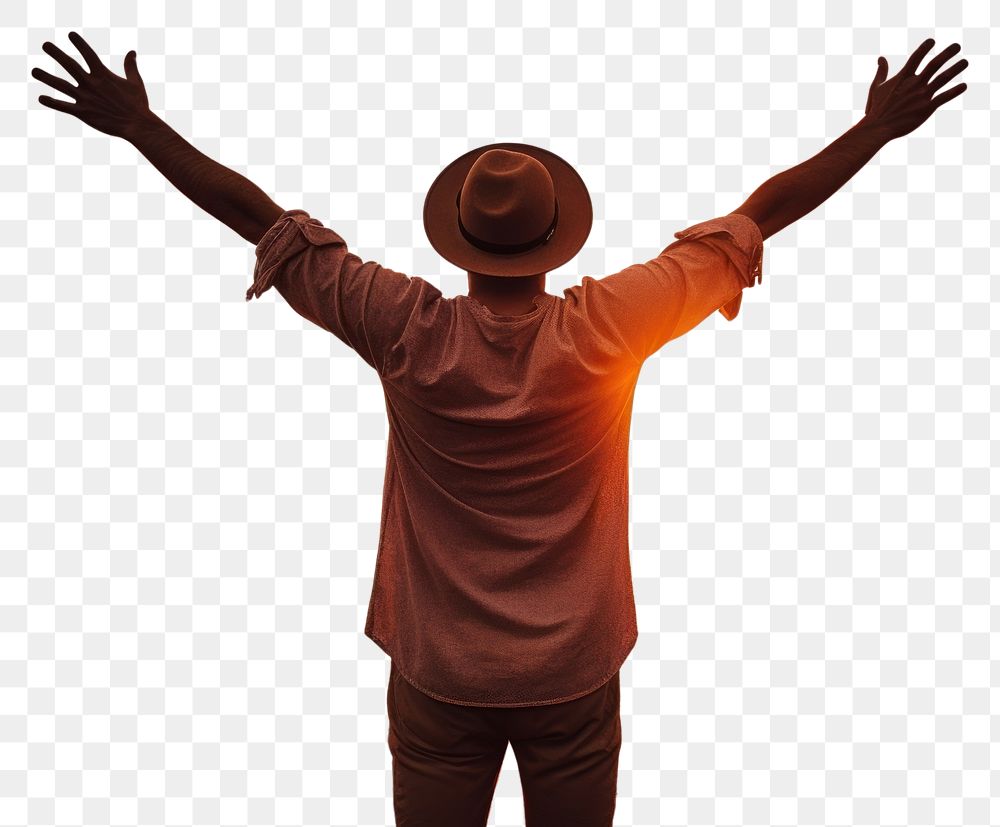 PNG Happy man weating a hat with arms up enjoy freedom at the beach at sunset outdoors nature adult. AI generated Image by…