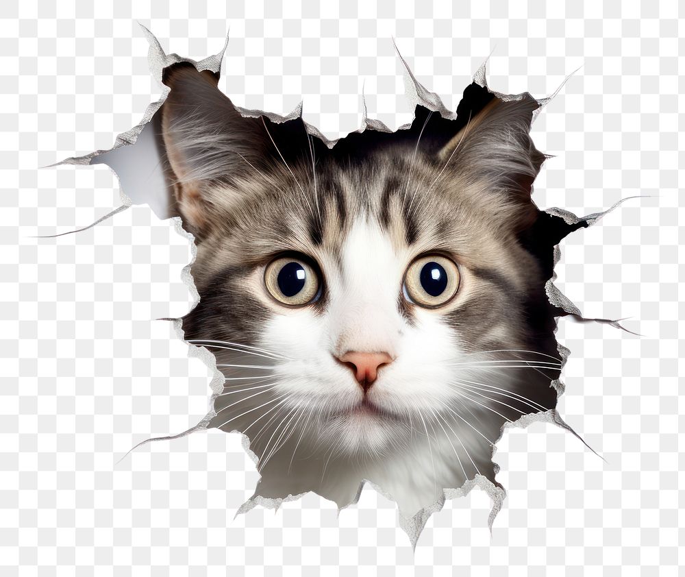 PNG Cat peeking out through a paper hole portrait animal mammal. AI generated Image by rawpixel.