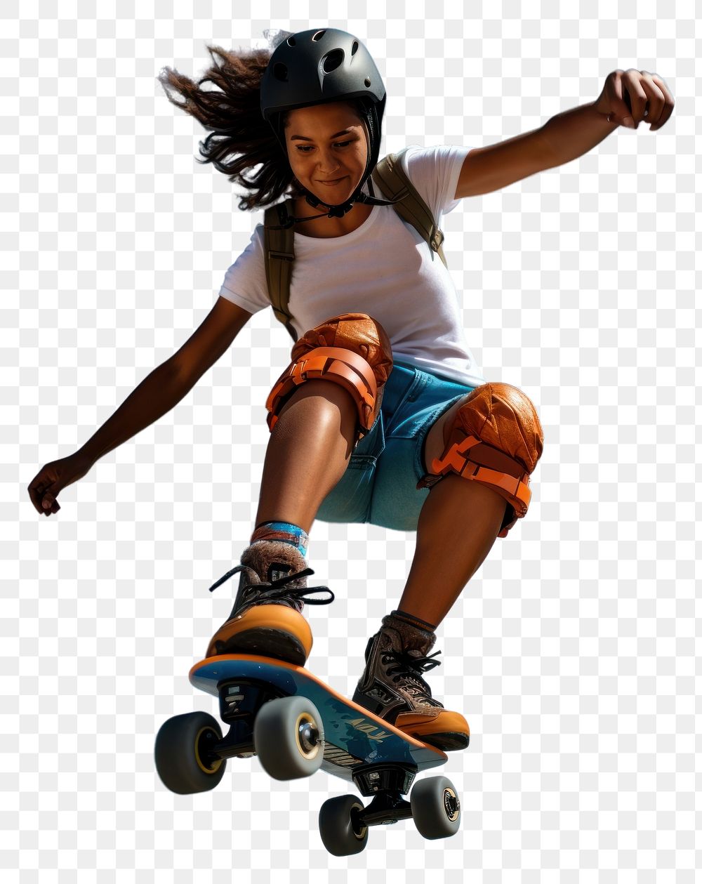 PNG  Woman wearing roller blades skateboard jumping skating. AI generated Image by rawpixel.