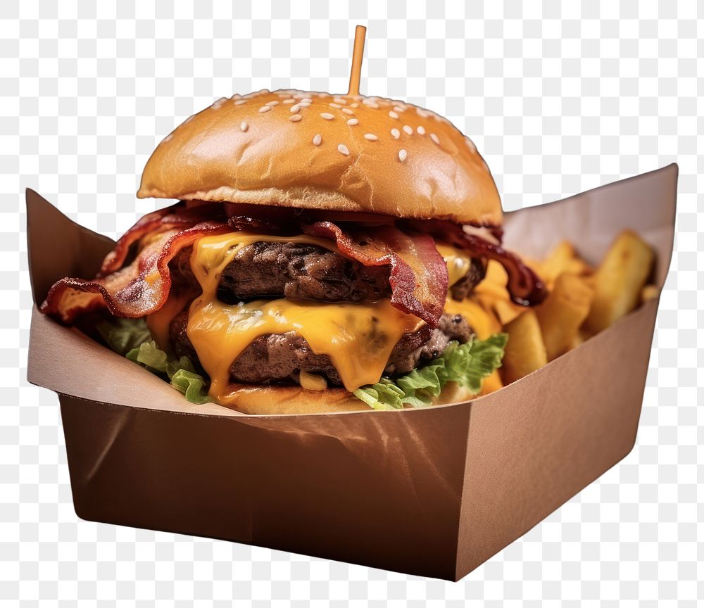 PNG  A cheese burger with chedda cheese and bacon on the wood table paper food hamburger. AI generated Image by rawpixel.
