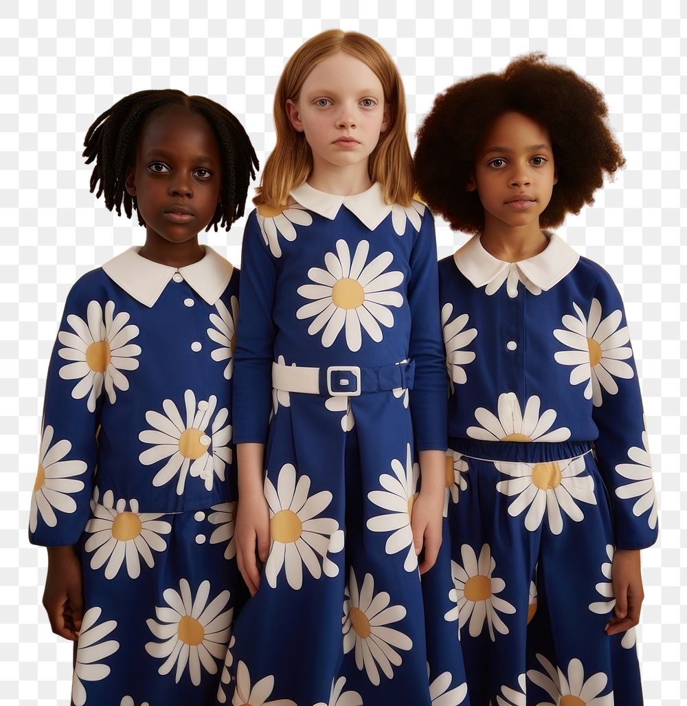 PNG Little three black girl big daisy pattern navy shirt fashion adult dress. AI generated Image by rawpixel.