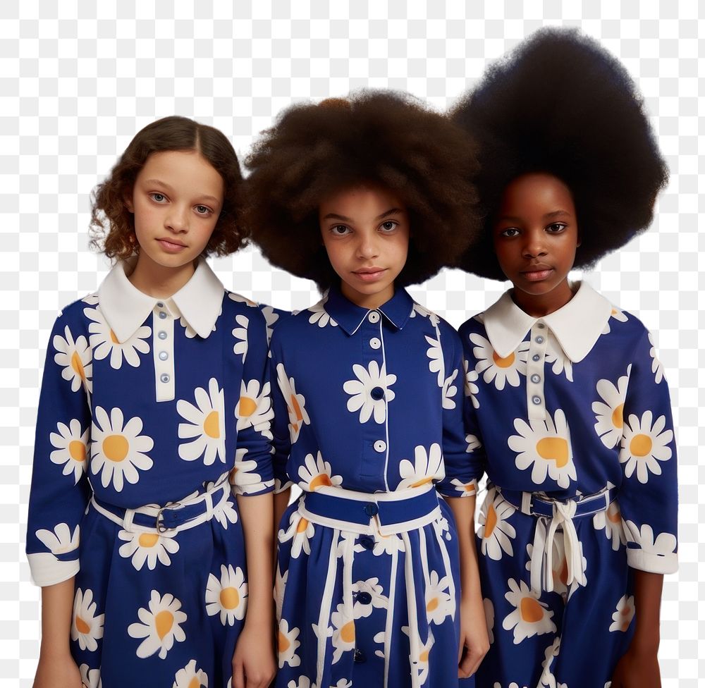 PNG Little three black girl big daisy pattern navy shirt adult togetherness friendship. AI generated Image by rawpixel.