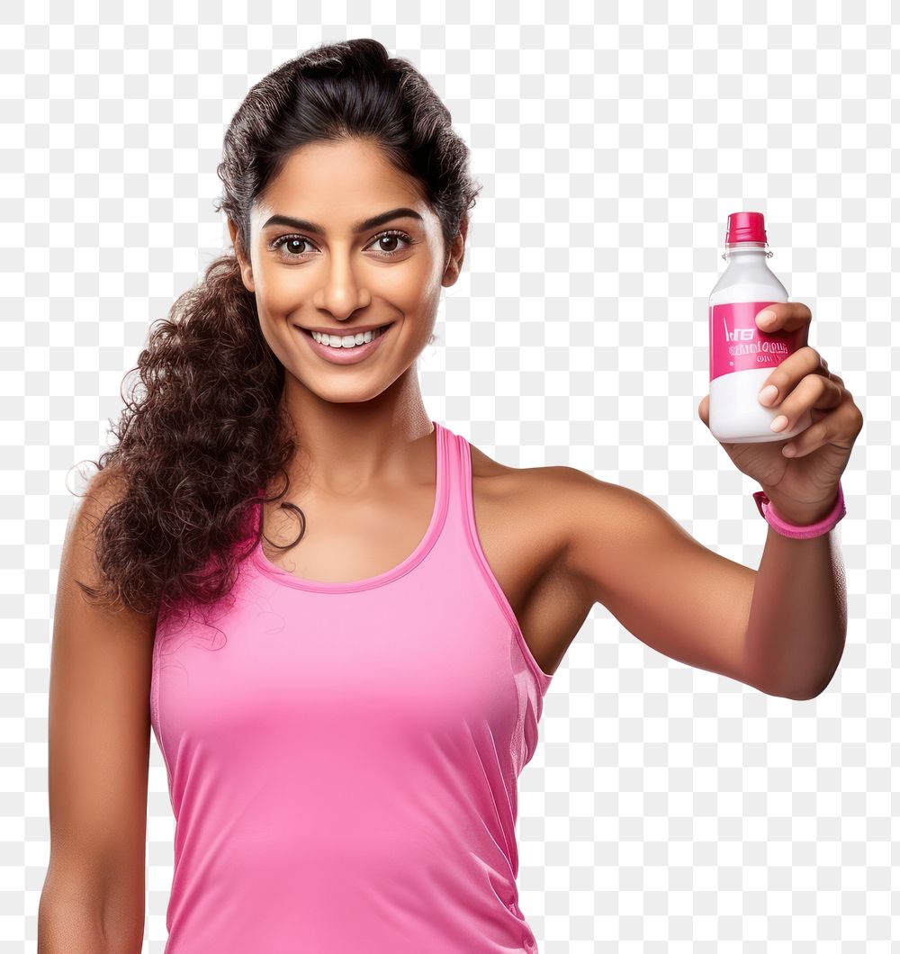 PNG  Modern sport indian woman bottle smile portrait. AI generated Image by rawpixel.