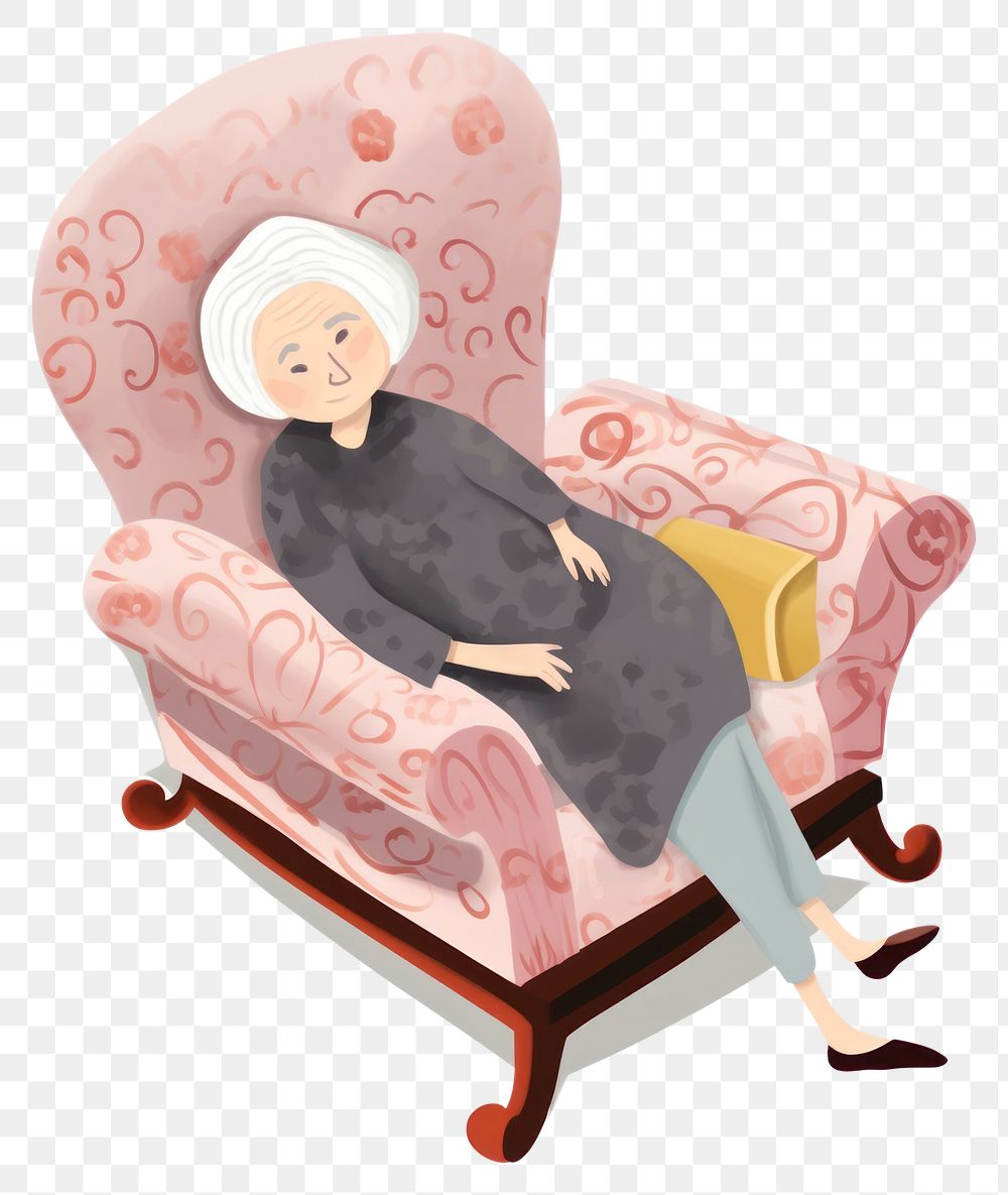 PNG Old woman with sofa furniture armchair white background. AI generated Image by rawpixel.