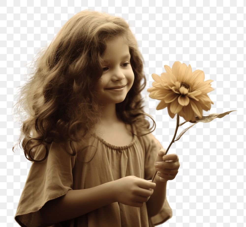 PNG  Little girl holding flower photography portrait plant. AI generated Image by rawpixel.