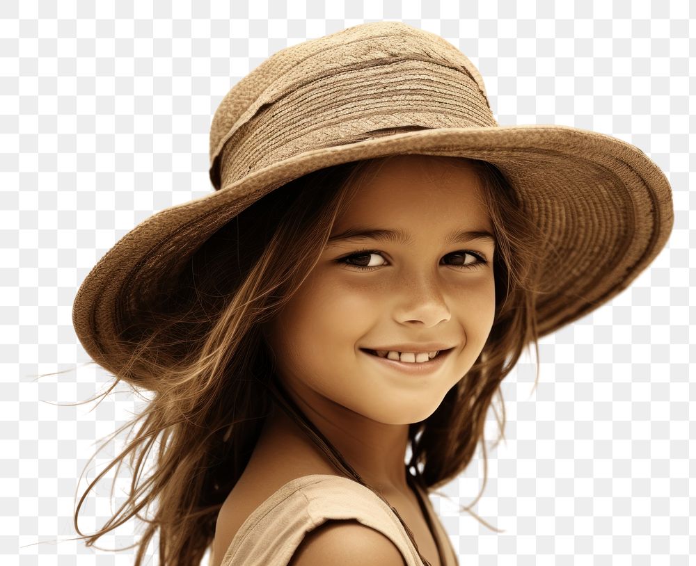 PNG  Little girl in straw hat smiling on the beach photography portrait smile. AI generated Image by rawpixel.