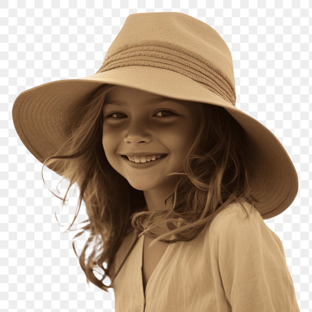 PNG  Little girl in straw hat smiling on the beach photography portrait smile. AI generated Image by rawpixel.