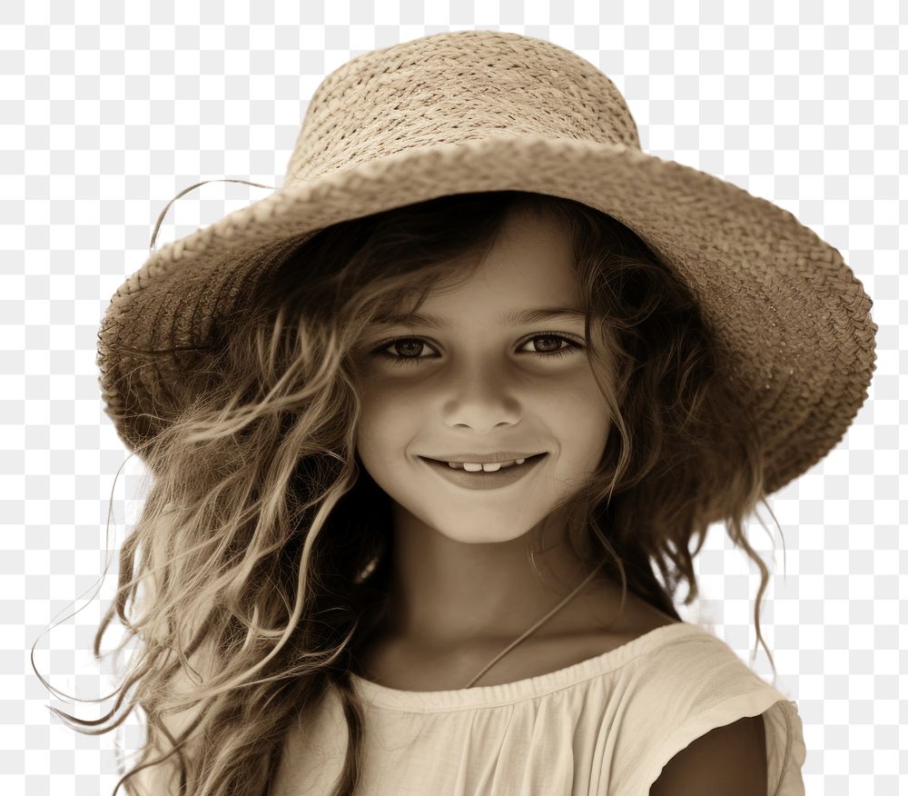 PNG  Little girl in straw hat smiling on the beach photography portrait child. AI generated Image by rawpixel.
