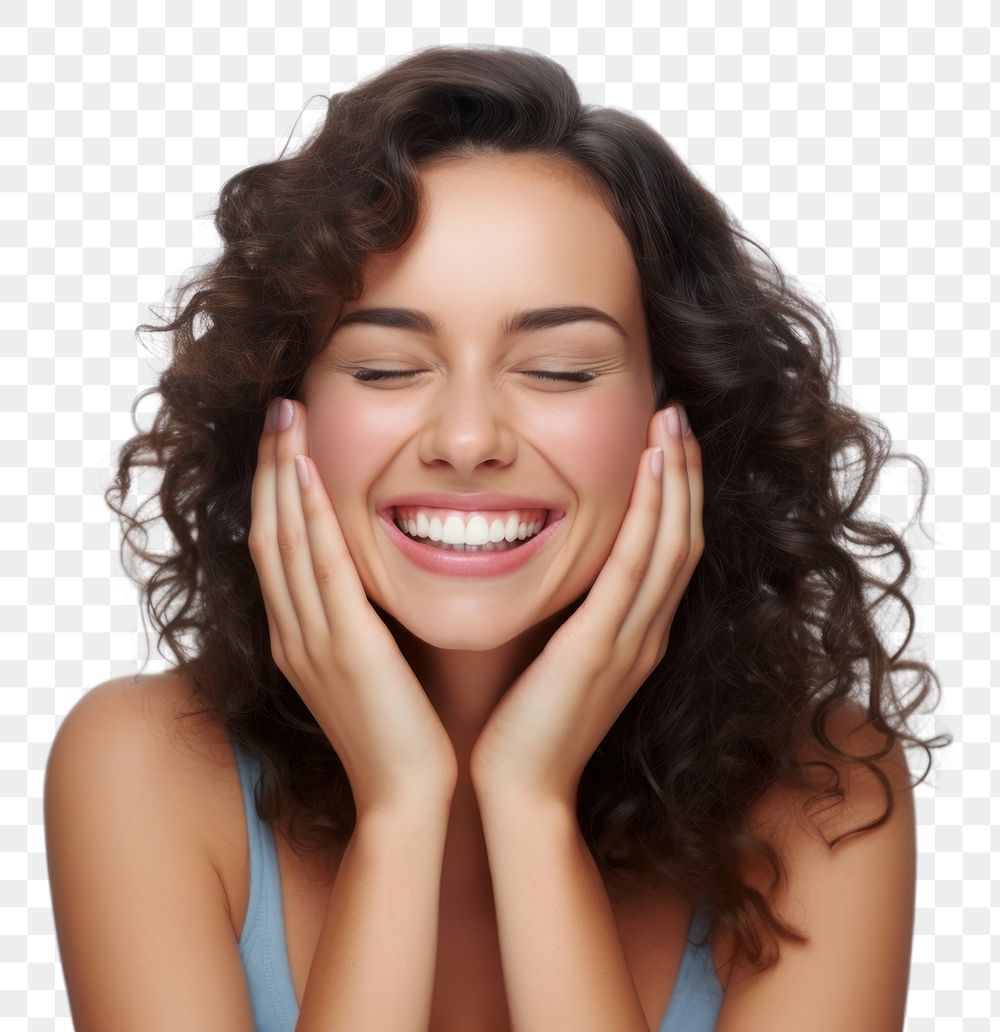 PNG  Woman hands on face laughing portrait smile. AI generated Image by rawpixel.