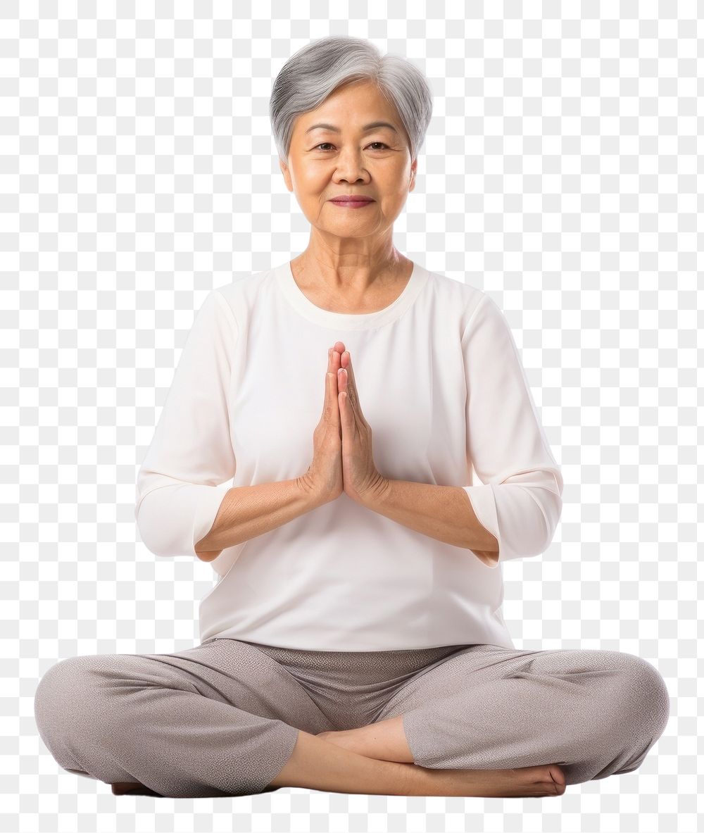 PNG  Asian senior woman doing yoga meditation sitting sports adult. AI generated Image by rawpixel.
