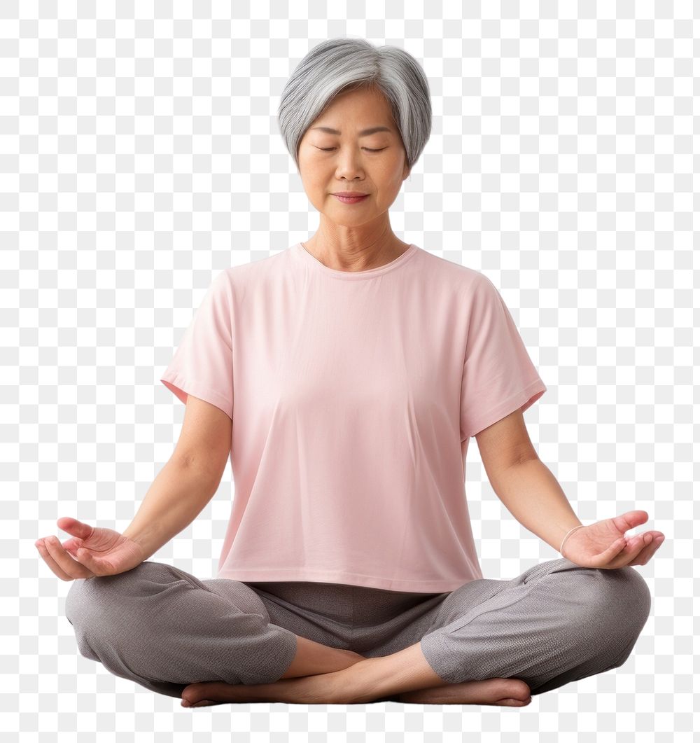 PNG  Asian senior woman yoga sitting sports. AI generated Image by rawpixel.