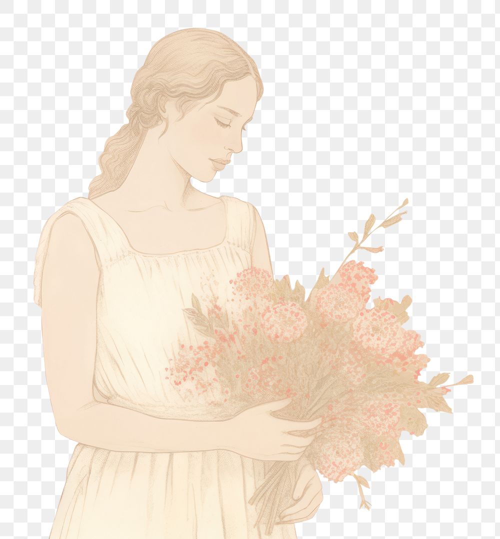 PNG riso illustration of a *woman holding bouquet flower background*, retro grain effect --style 25oXOkCfyUJx --ar 3:2