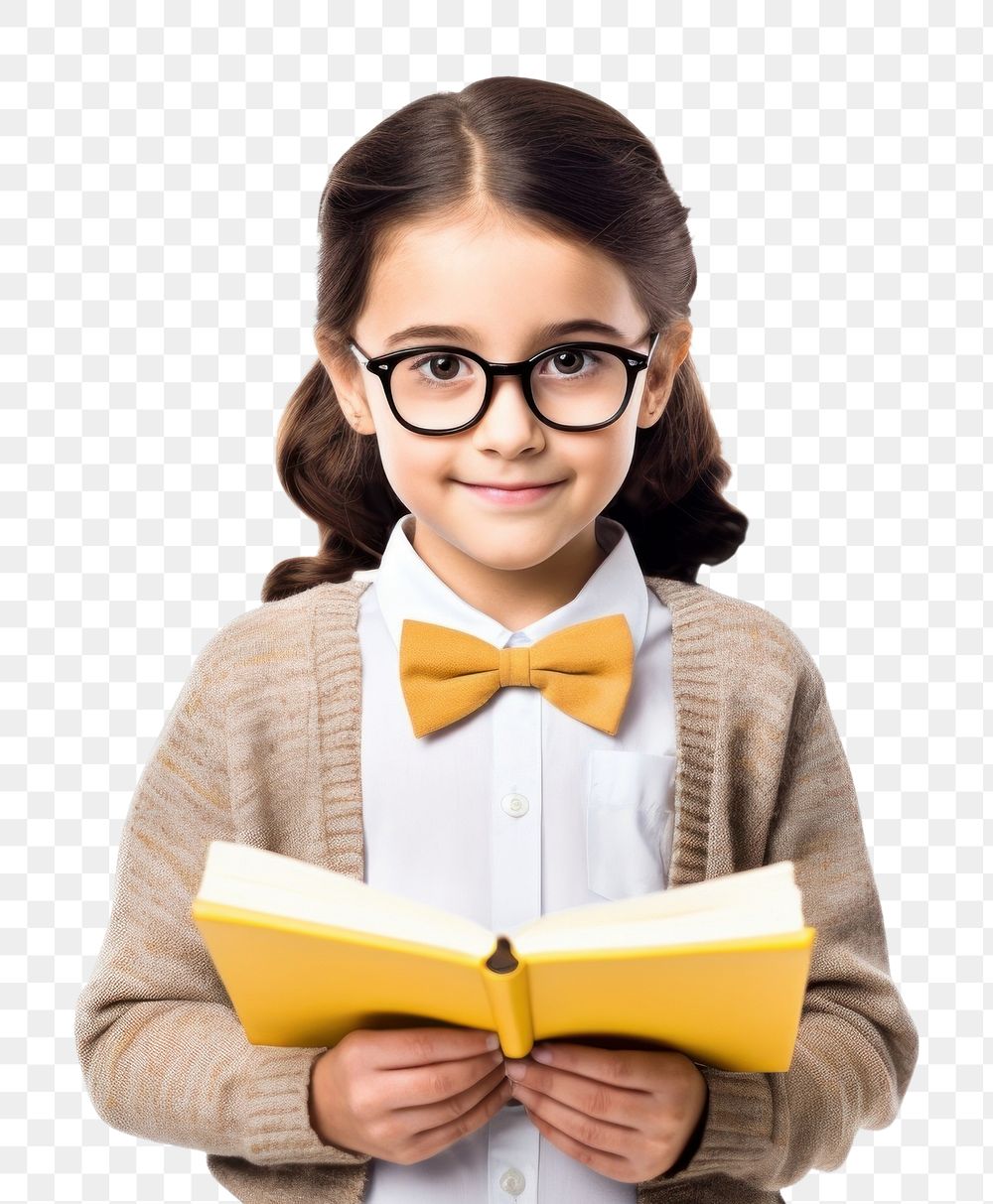 PNG Little girl student holding a book glasses reading smile. AI generated Image by rawpixel.