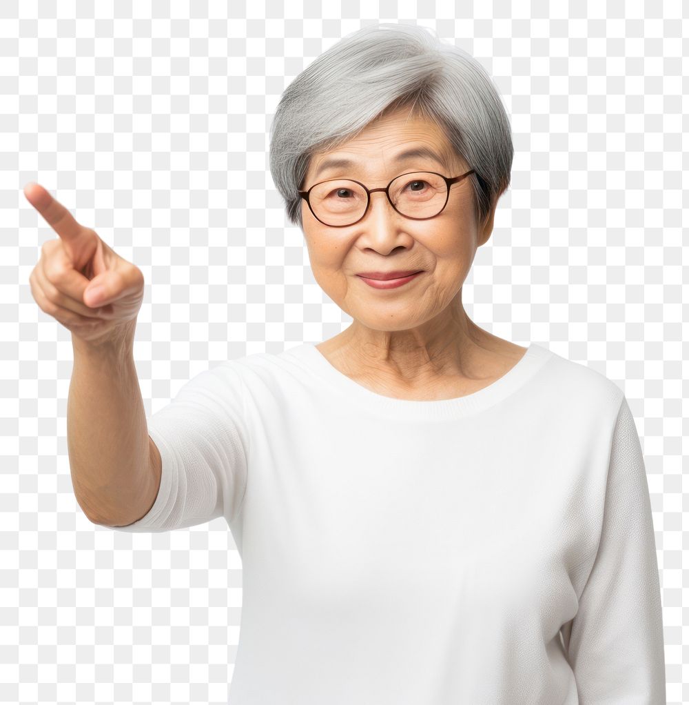 PNG A confident asian old woman finger pointing glasses. AI generated Image by rawpixel.