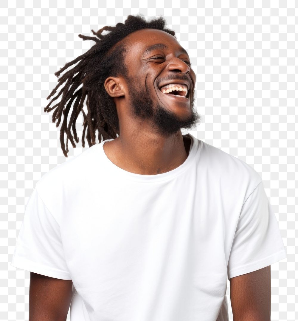 PNG Happy African man with dreadlocks laughing t-shirt adult. AI generated Image by rawpixel.