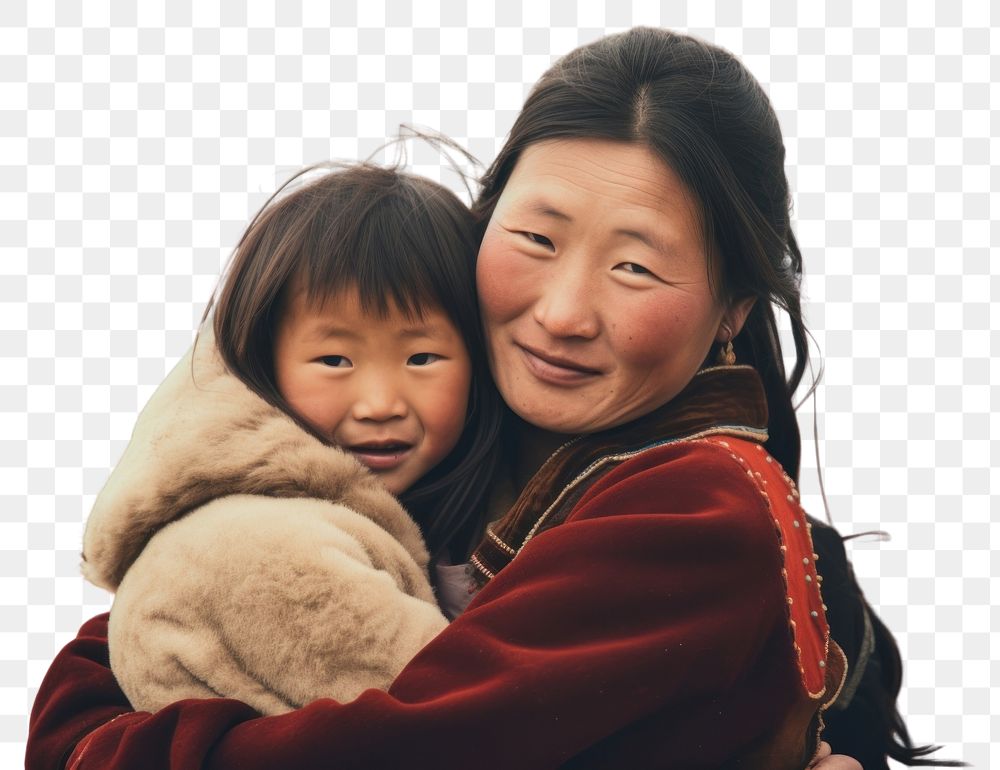 PNG  Mongolian woman holding and daughter hugging cheep in the style lomo filter portrait adult smile. AI generated Image by…