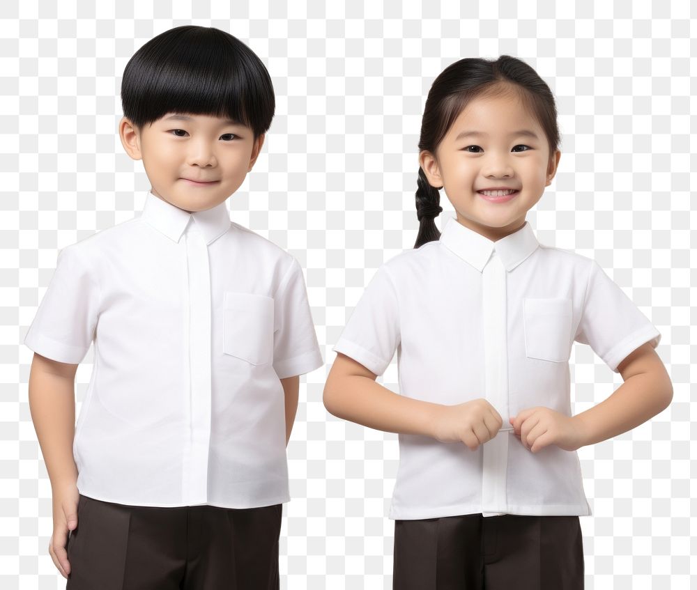 PNG Two asian kids dresses blank white mandarin collar shirt sleeve child happy. AI generated Image by rawpixel.