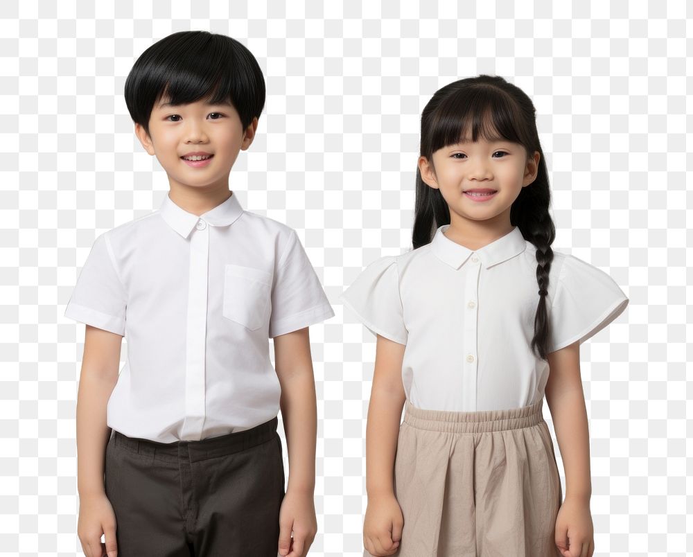 PNG Two asian kids dresses blank white mandarin collar shirt sleeve child cute. AI generated Image by rawpixel.