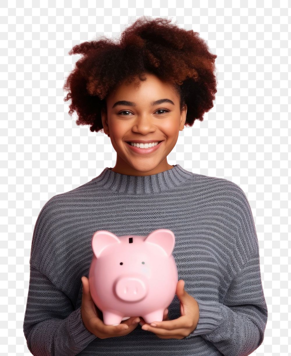 PNG Piggy bank holding smile adult. AI generated Image by rawpixel.