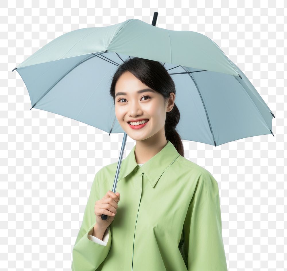 PNG  Happy smile asian woman wearing a light green patient outfit with an blue umbrella adult coat white background. AI…