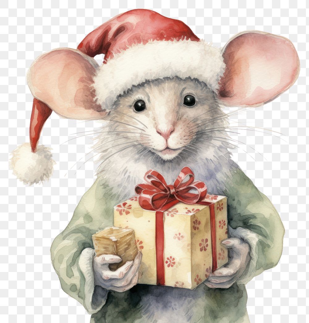 PNG  A mice wearing festive Santa Hats Holding a gift box mammal rodent animal. AI generated Image by rawpixel.