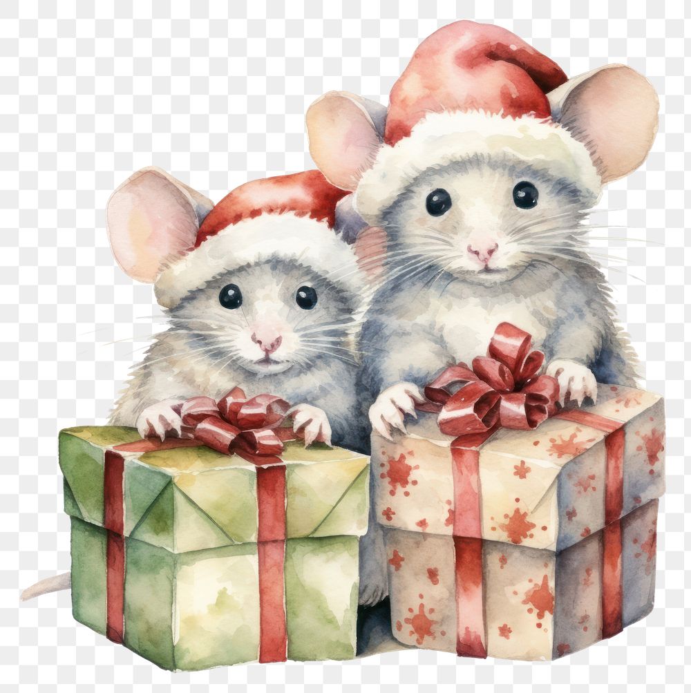 PNG  A mice wearing festive Santa Hats Holding a gift box rat mammal animal. AI generated Image by rawpixel.