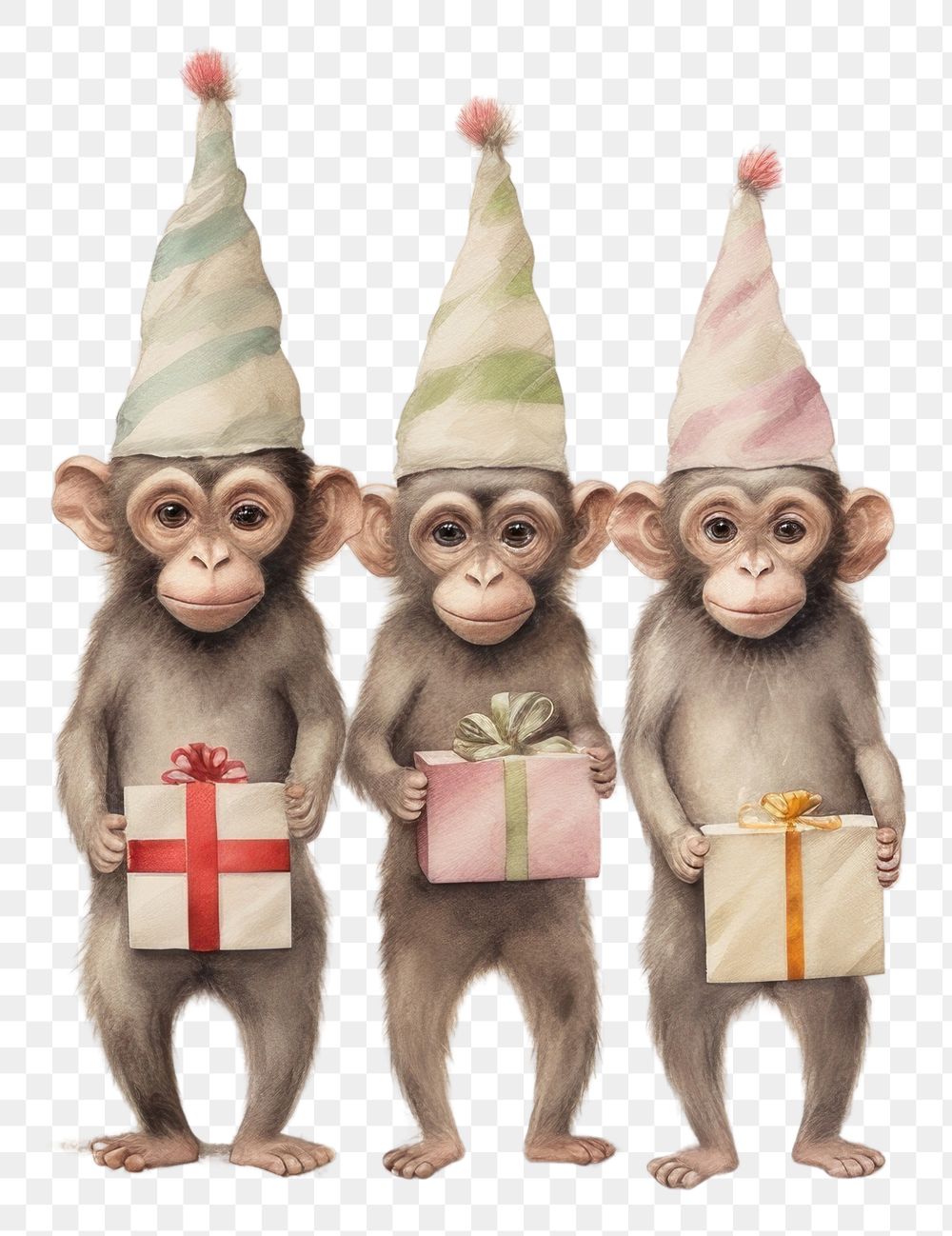 PNG  Happy 3 Chinese Monkeys holding a giftboxs monkey portrait drawing. AI generated Image by rawpixel.