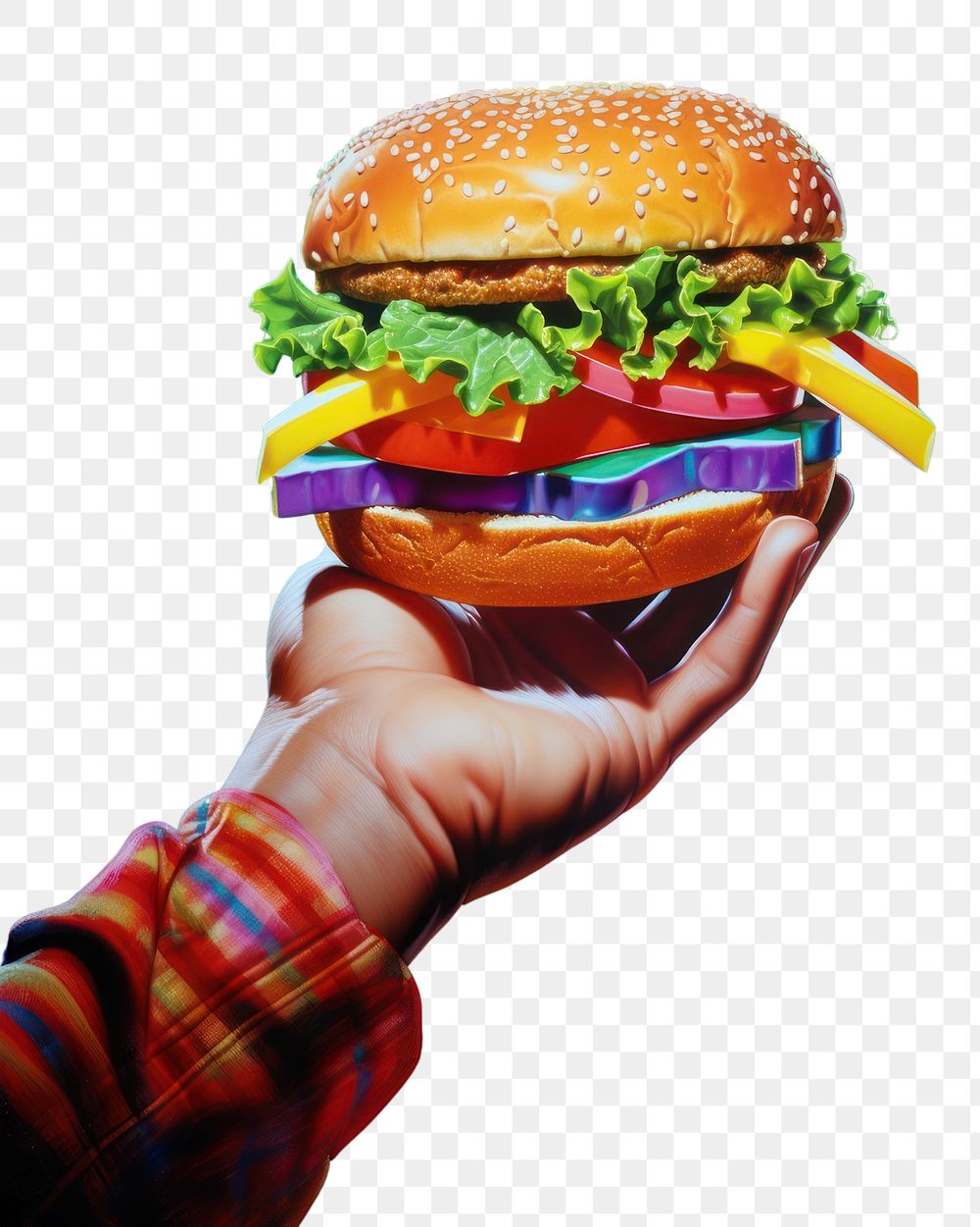 PNG A Hamburger held in a hand hamburger food vegetable. AI generated Image by rawpixel.
