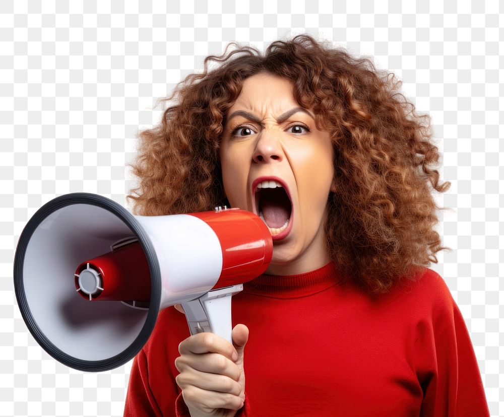 PNG Shouting with a megaphone adult woman red. AI generated Image by rawpixel.
