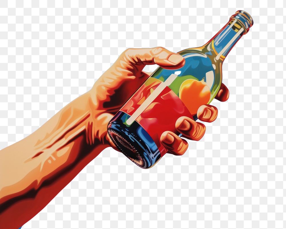 PNG A hand holding a wine bottle vibrant color refreshment beverage. AI generated Image by rawpixel.