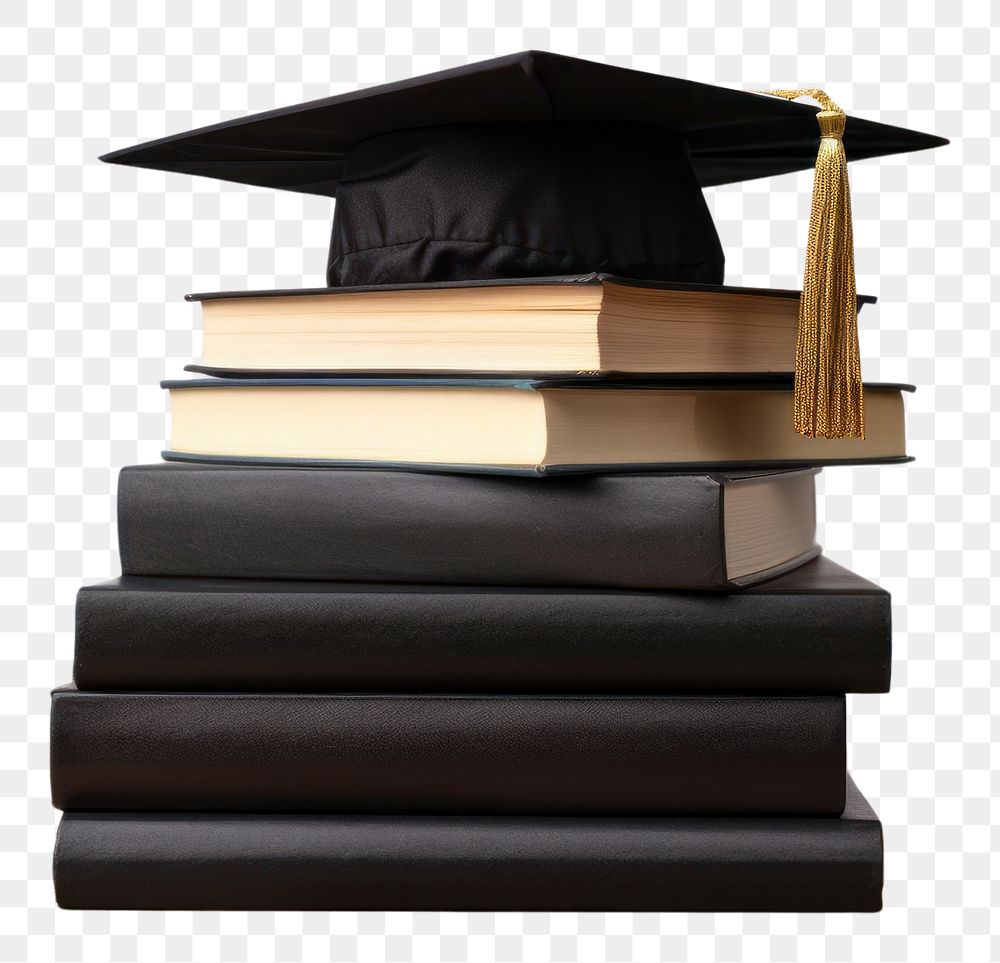 PNG  Graduation cap on pile of books publication intelligence mortarboard. AI generated Image by rawpixel.