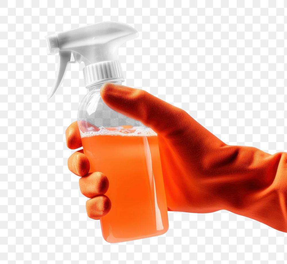 PNG Hand orange glove holding spray bottle blue blue background cleaning. AI generated Image by rawpixel.