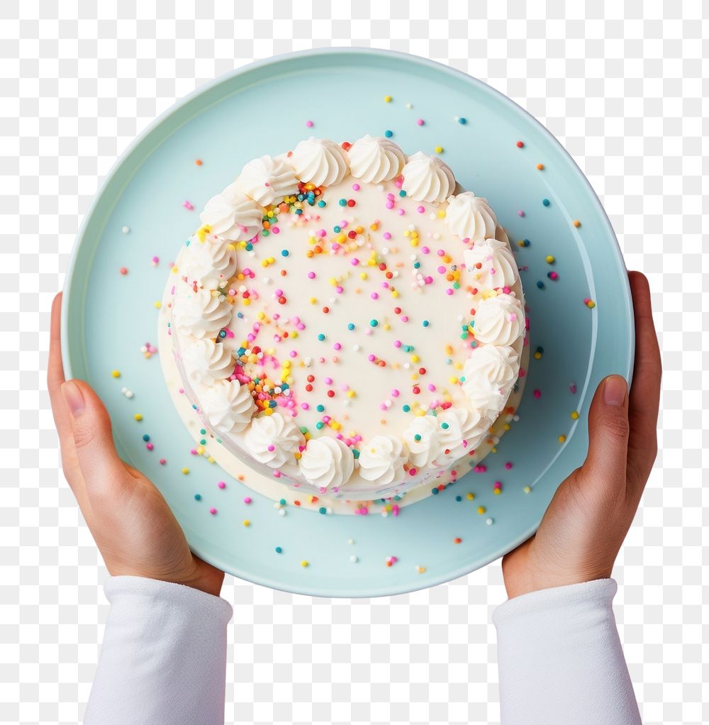 PNG Hands holding birthday cake on plate sprinkles dessert food. AI generated Image by rawpixel.