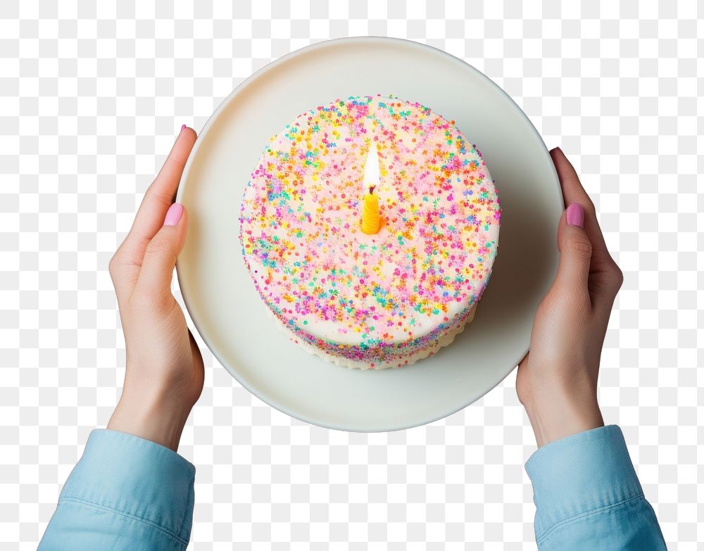 PNG Hands holding birthday cake with candle on plate sprinkles dessert food. AI generated Image by rawpixel.
