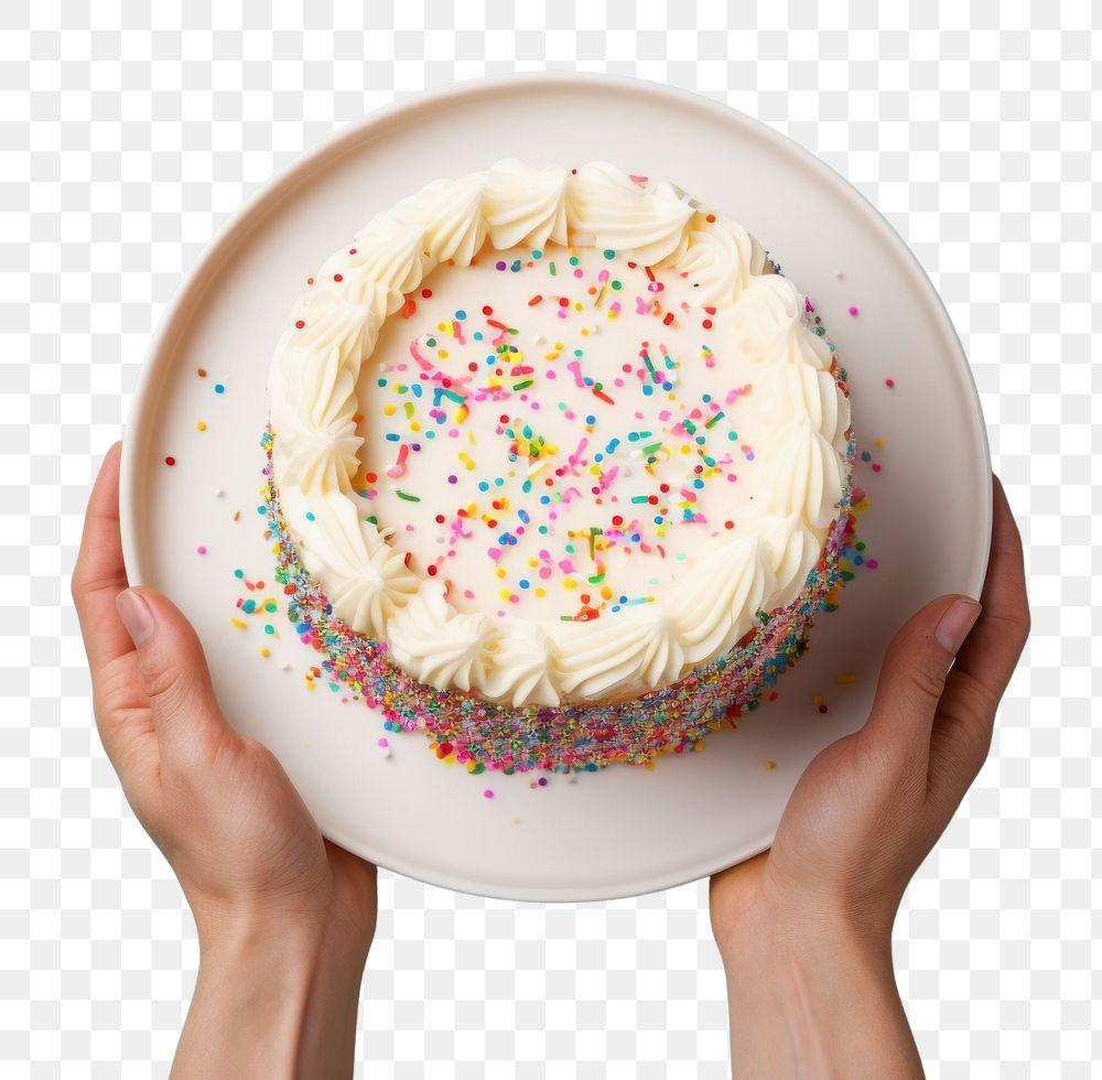 PNG Hands holding birthday cake on plate sprinkles dessert cupcake. AI generated Image by rawpixel.