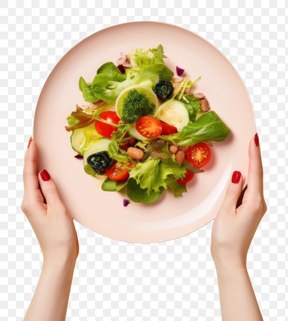 PNG Hands holding salad on plate food vegetable freshness. AI generated Image by rawpixel.