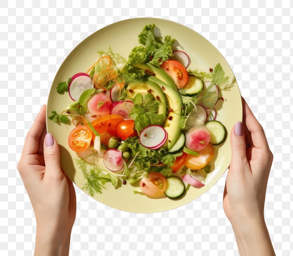 PNG Hands holding salad on plate adult food vegetable. AI generated Image by rawpixel.